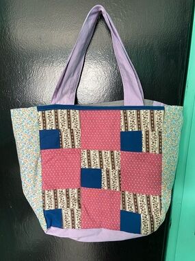 Handcrafted Patchwork Tote Bag in Pink, Blue and Lavender - Unbranded
